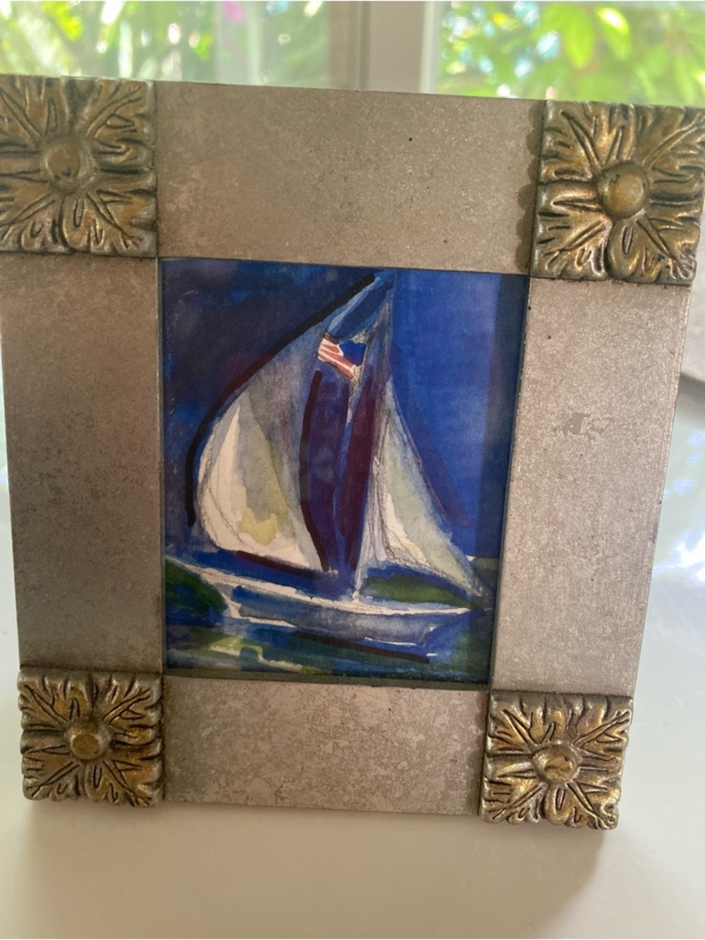 Sailboat watercolor in frame, 4.5” square
